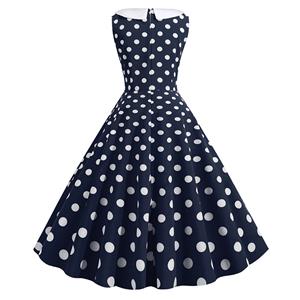 Fashion Turn-down Bowknot Collar Sleeveless Polka Dots Print Summer A-line Swing Dress N20316