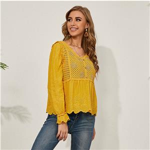 Fashion V Neck Petals Long Sleeve Flowers Hollow out Embroidery Shirt Loose Top N20927