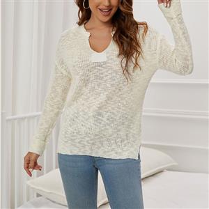 Fashion V Neckline Long Sleeves Knitted Pullover Sweater Cozy Loose Waist Daily Casual Top N21716