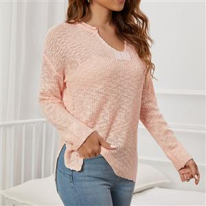 Fashion V Neckline Long Sleeves Knitted Pullover Sweater Cozy Loose Waist Daily Casual Top N21717