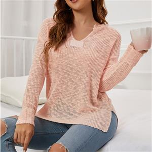 Fashion V Neckline Long Sleeves Knitted Pullover Sweater Cozy Loose Waist Daily Casual Top N21717