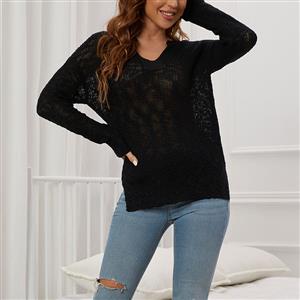 Fashion V Neckline Long Sleeves Knitted Pullover Sweater Cozy Loose Waist Daily Casual Top N21718