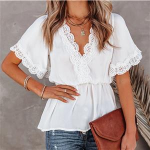 Fashion Women's White Lace Stitching V Neck Short Sleeve Blouse V Back Lace-up Tops N21172