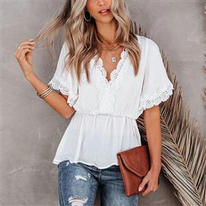 Fashion Women's White Lace Stitching V Neck Short Sleeve Blouse V Back Lace-up Tops N21172