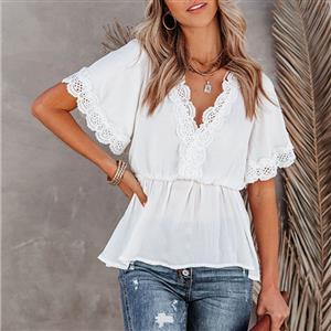 Fashion Women's White Lace Stitching V Neck Short Sleeve Blouse V Back Lace-up Tops N21172