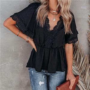 Fashion Women's Black Lace Stitching V Neck Short Sleeve Blouse V Back Lace-up Tops N21173