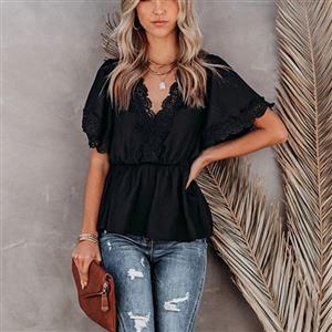 Fashion Women's Black Lace Stitching V Neck Short Sleeve Blouse V Back Lace-up Tops N21173