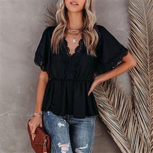 Fashion Women's Black Lace Stitching V Neck Short Sleeve Blouse V Back Lace-up Tops N21173