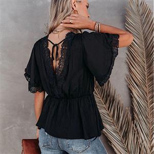 Fashion Women's Black Lace Stitching V Neck Short Sleeve Blouse V Back Lace-up Tops N21173