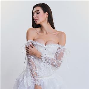 Women's Fashion Plastic Boned White Overbust Corset with Long Floral Lace Sleeve N14475