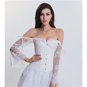 Women's Fashion Plastic Boned White Overbust Corset with Long Floral Lace Sleeve N14475