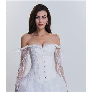 Women's Fashion Plastic Boned White Overbust Corset with Long Floral Lace Sleeve N14475