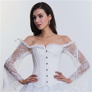 Women's Fashion Plastic Boned White Overbust Corset with Long Floral Lace Sleeve N14475