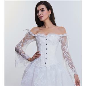 Women's Fashion Plastic Boned White Overbust Corset with Long Floral Lace Sleeve N14475