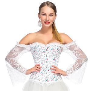 Women's Fashion Plastic Boned White Overbust Corset with Long Floral Lace Sleeve N18637