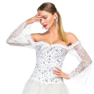 Women's Fashion Plastic Boned White Overbust Corset with Long Floral Lace Sleeve N18637