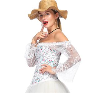 Women's Fashion Plastic Boned White Overbust Corset with Long Floral Lace Sleeve N18637