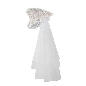 Gothic White Pearl Sequins Cosplay Halloween Bride Costume Top Hat and Veil J23321