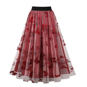 Fashion Wine-red Victorian Gothic Mesh Double Layered Elastic Band High Waist Skirt N23033