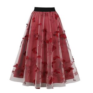 Fashion Wine-red Victorian Gothic Mesh Double Layered Elastic Band High Waist Skirt N23033