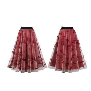 Fashion Wine-red Victorian Gothic Mesh Double Layered Elastic Band High Waist Skirt N23033