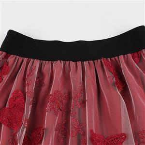 Fashion Wine-red Victorian Gothic Mesh Double Layered Elastic Band High Waist Skirt N23033