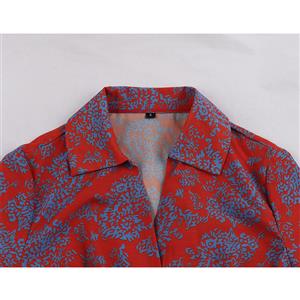 Fashion Women Floral Print Lapel Long Sleeve High Waist  Button Midi Swing Dress N19932