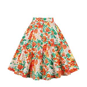 Fashion Orange Printed Cotton High Waist A-line Ruffle Hem Skirt N23150