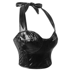 Fashionable Black Patent Leather Halter Neck Crop Top - Sexy and Stylish Women's Top N23754