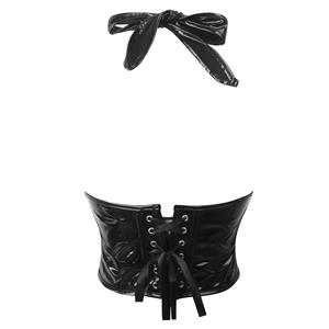 Fashionable Black Patent Leather Halter Neck Crop Top - Sexy and Stylish Women's Top N23754