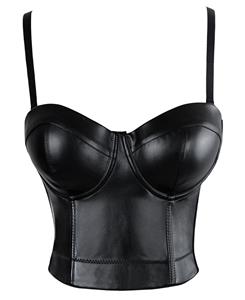 Sexy Black Faux Leather Bra Top and Punk Sexy Black Faux Leather Mini Skirt Set N12881