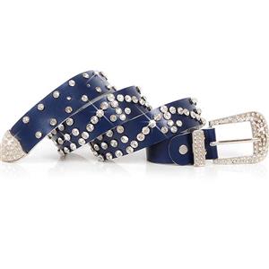 Women's Luxury Blue Faux Leather Rhinestone Jeweled Studded Waist Belt N16049