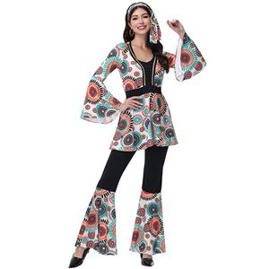 70s Hippie-Inspired Women's Festival Costume with Colorful Ethnic Patterns N23767