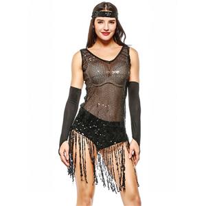 Sexy 1920s Flapper Girl Sequin Tassel Clubwear Costume See-through Dancing Bodysuit N20119