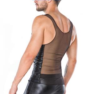 Men's Flirty Black PU Mesh Splicing Transparent Tank Top Vest N17559