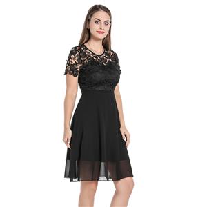 Elegant Hollow-out Floral Lace and Chiffon High Waist Cocktail Party Little Black Dress N20060