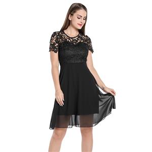 Elegant Hollow-out Floral Lace and Chiffon High Waist Cocktail Party Little Black Dress N20060