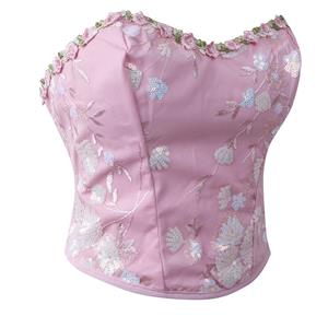Floral Lint Corset Top - Pink Sequin Embroidered Bustier with Front Lace-Up & 3D Blossom Accents N237819