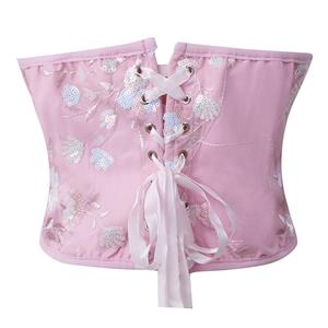 Floral Lint Corset Top - Pink Sequin Embroidered Bustier with Front Lace-Up & 3D Blossom Accents N237819