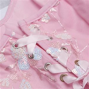 Floral Lint Corset Top - Pink Sequin Embroidered Bustier with Front Lace-Up & 3D Blossom Accents N237819