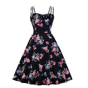 Sexy Floral Print Spaghetti Straps Sleeveless Backless High Waist Summer Party Swing Dress N20270