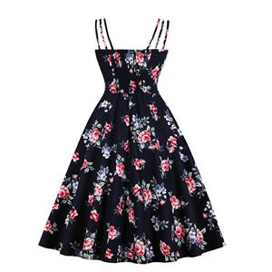 Sexy Floral Print Spaghetti Straps Sleeveless Backless High Waist Summer Party Swing Dress N20270