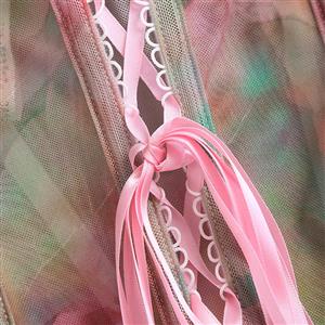 Floral Print Strapless Corset - Adjustable Lace-Up Mesh Bodysuit with Green Piping N237850