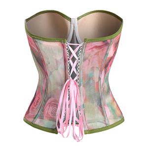 Floral Print Strapless Corset - Adjustable Lace-Up Mesh Bodysuit with Green Piping N237850