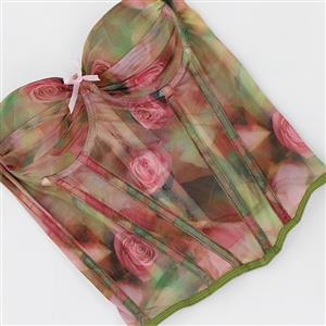 Floral Print Strapless Corset - Adjustable Lace-Up Mesh Bodysuit with Green Piping N237850