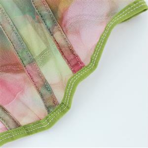Floral Print Strapless Corset - Adjustable Lace-Up Mesh Bodysuit with Green Piping N237850