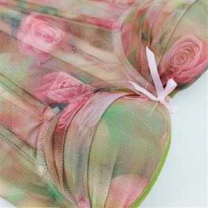 Floral Print Strapless Corset - Adjustable Lace-Up Mesh Bodysuit with Green Piping N237850