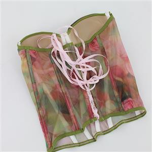 Floral Print Strapless Corset - Adjustable Lace-Up Mesh Bodysuit with Green Piping N237850
