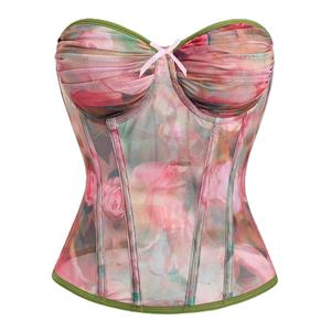 strapless corset, floral bodysuit, mesh lingerie, adjustable back, waist training, sheer mesh, romantic lingerie, lace-up corset, feminine shapewear, boned bodysuit, green piping, floral print, women's corset, fashion corset, adjustable lingerie #N237850