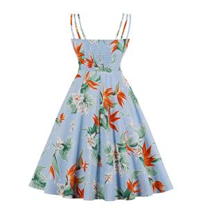 Sexy Floral Print Spaghetti Straps Sleeveless Backless High Waist Summer Party Swing Dress N20271